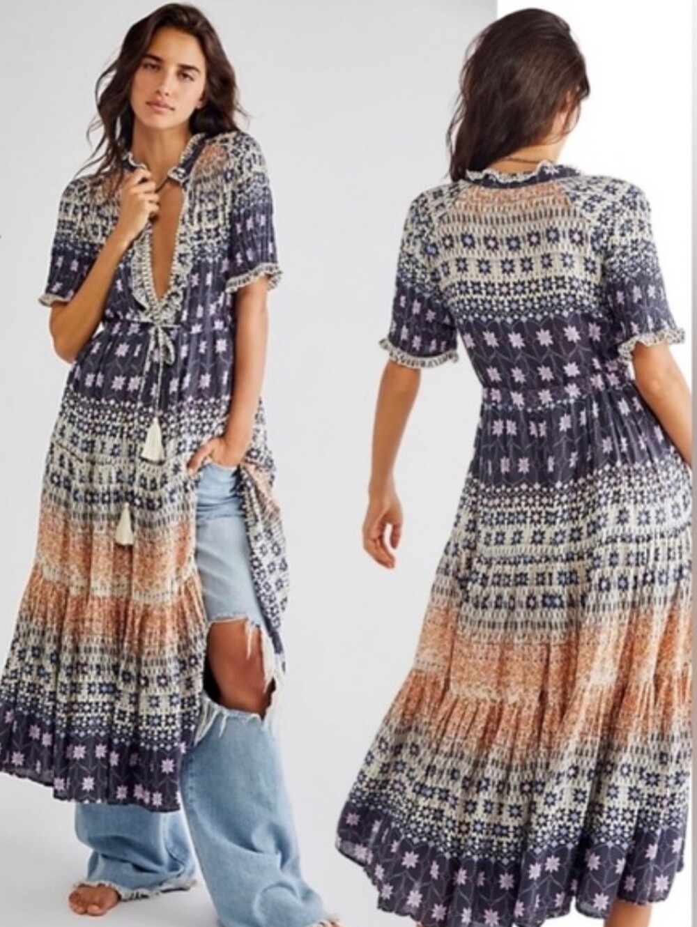 Free People Rare Feelings Swan Combo Printed Maxi Dress Small NWOT